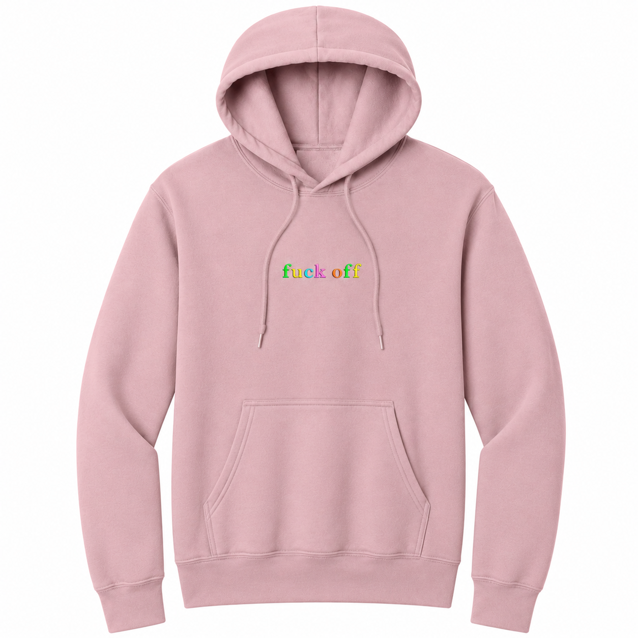 Front view of a pale blush pullover hoodie featuring the phrase "fuck off" in small lowercase letters across the chest. Each letter is embroidered in a different bright color, creating a subtle rainbow-inspired design with a clean, minimalist look. The drawstrings naturally drape over the graphic for a realistic product mockup. A bold adult hoodie with colorful typography, casual streetwear style, and sarcastic humor.