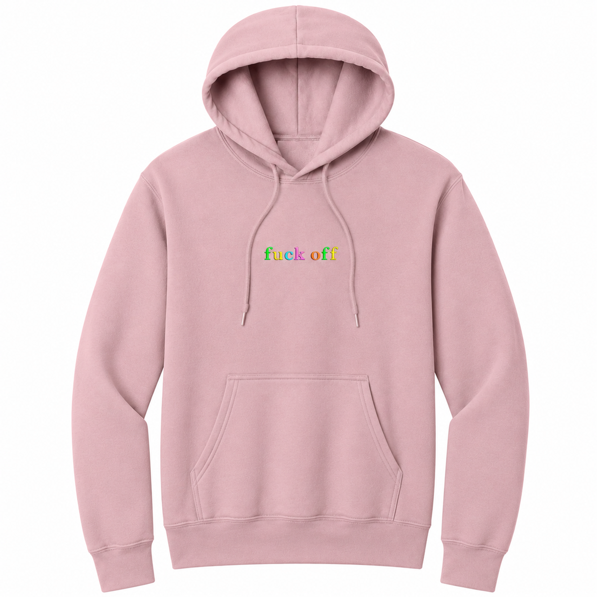 Front view of a pale blush pullover hoodie featuring the phrase "fuck off" in small lowercase letters across the chest. Each letter is embroidered in a different bright color, creating a subtle rainbow-inspired design with a clean, minimalist look. The drawstrings naturally drape over the graphic for a realistic product mockup. A bold adult hoodie with colorful typography, casual streetwear style, and sarcastic humor.