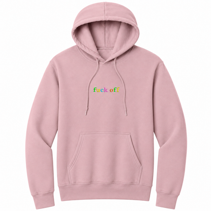 Front view of a pale blush pullover hoodie featuring the phrase "fuck off" in small lowercase letters across the chest. Each letter is embroidered in a different bright color, creating a subtle rainbow-inspired design with a clean, minimalist look. The drawstrings naturally drape over the graphic for a realistic product mockup. A bold adult hoodie with colorful typography, casual streetwear style, and sarcastic humor.