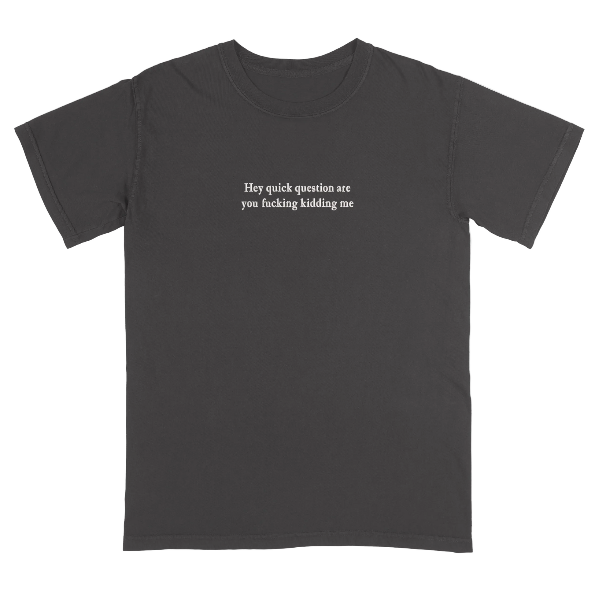 Dark gray t-shirt with 'Hey quick question are you fucking kidding me' text on a white background