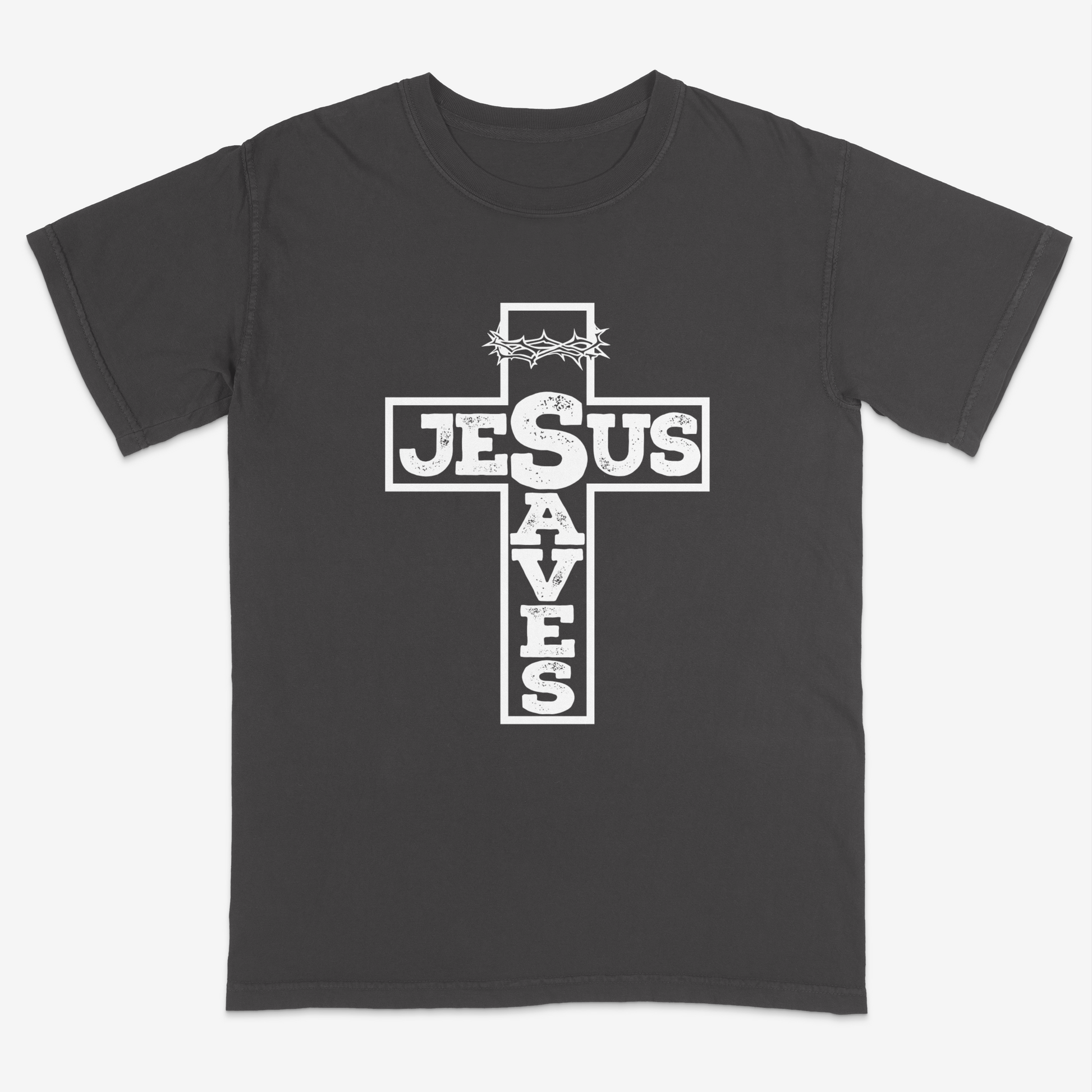 Pepper faith-based graphic tee featuring a bold cross design with “Jesus Saves” typography and crown of thorns detail, combining vintage-inspired Christian artwork with a powerful message of salvation.