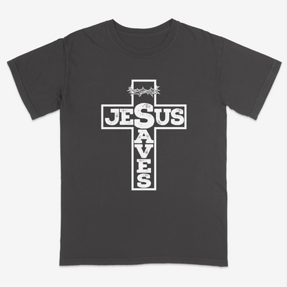 Pepper faith-based graphic tee featuring a bold cross design with “Jesus Saves” typography and crown of thorns detail, combining vintage-inspired Christian artwork with a powerful message of salvation.