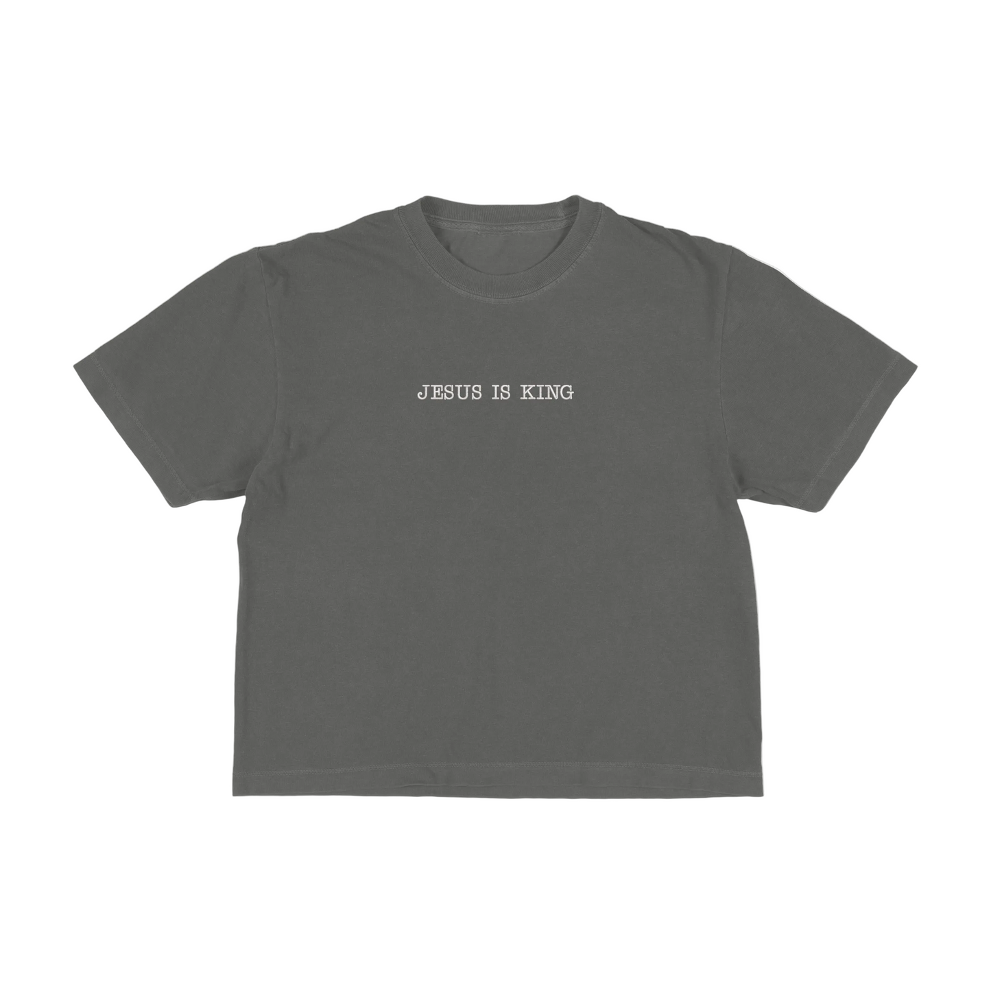 Dark gray boxy tee with 'Jesus Is King' text on a white background