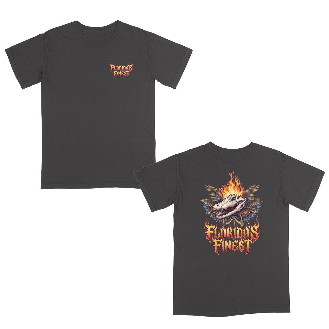Pepper graphic t-shirt shown from front and back with fiery “Florida’s Finest” lettering and a flaming alligator graphic with palm leaves.