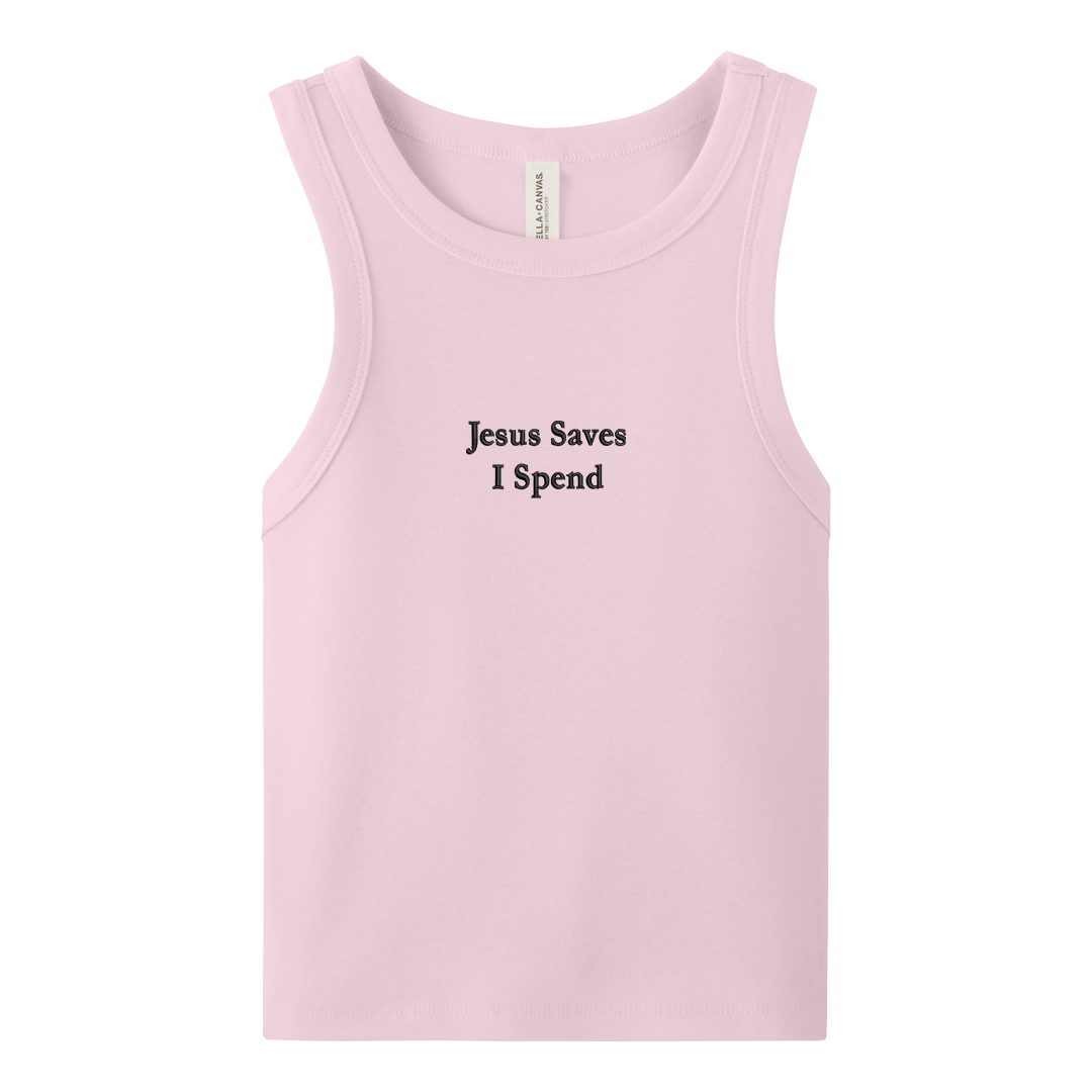 Pink crop tank top with 'Jesus Saves I Spend' text on a white background