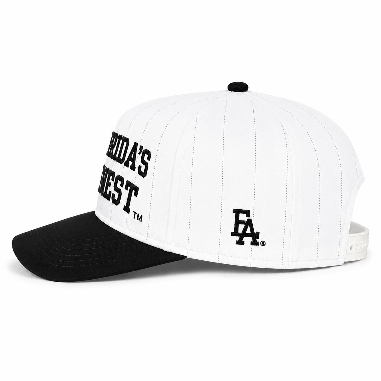 Side view of a white pinstripe snapback hat featuring bold embroidered "Florida's Finest™" lettering on the front and a black embroidered FLA® logo on the side panel. The structured cap has subtle black pinstripes, a black curved brim, black top button, and adjustable white snapback closure, combining a clean vintage baseball-inspired design with modern Florida streetwear style.
