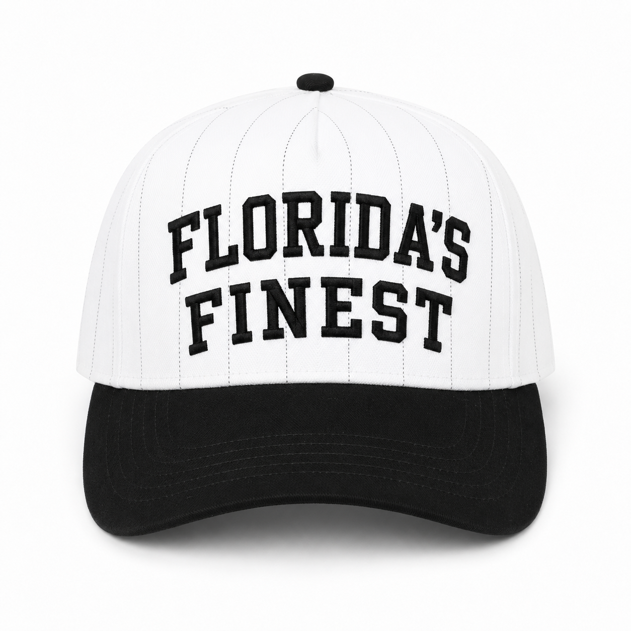 Florida’s Finest pinstripe snapback hat featuring bold black embroidered lettering, white structured crown with subtle pinstripe detailing, black curved brim, and adjustable snapback closure.