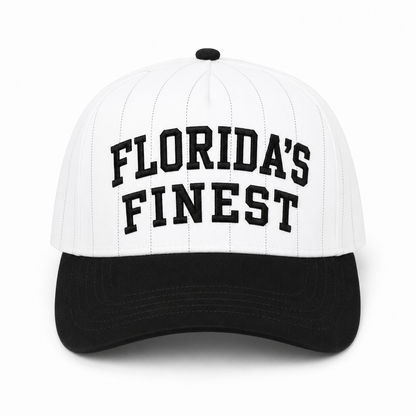 Florida’s Finest pinstripe snapback hat featuring bold black embroidered lettering, white structured crown with subtle pinstripe detailing, black curved brim, and adjustable snapback closure.