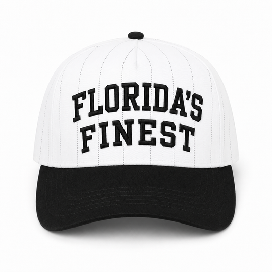 Florida’s Finest pinstripe snapback hat featuring bold black embroidered lettering, white structured crown with subtle pinstripe detailing, black curved brim, and adjustable snapback closure.