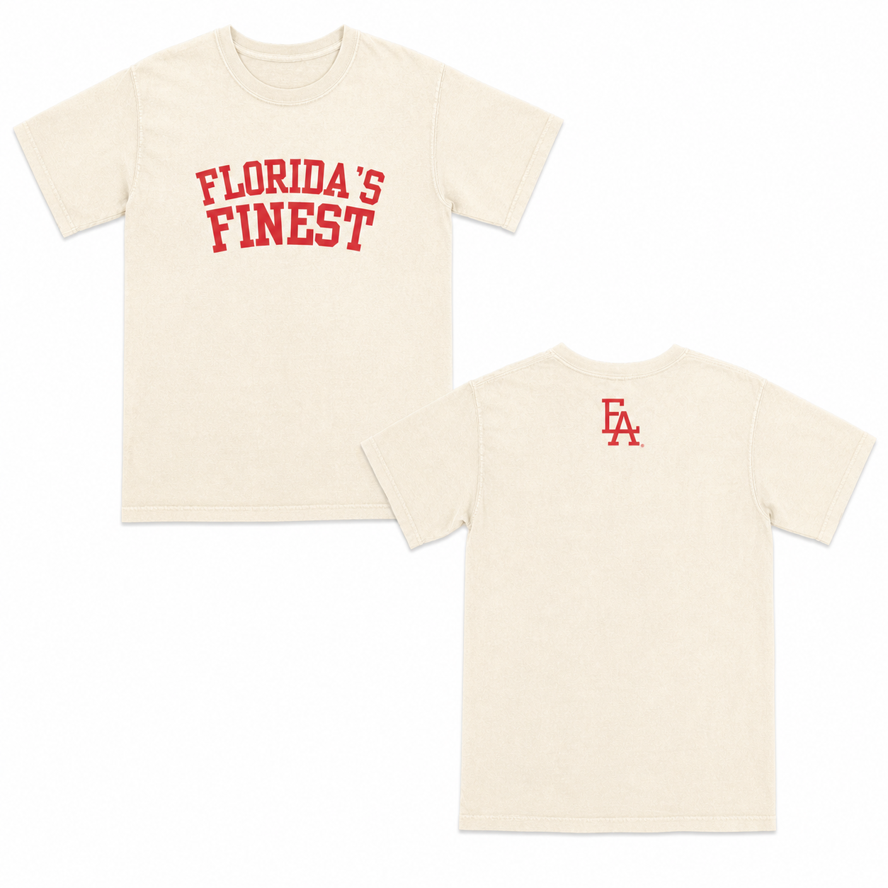 Cream short-sleeve T-shirt featuring bold red “Florida’s Finest” text on the front and a minimalist green “FLA” logo centered on the upper back.