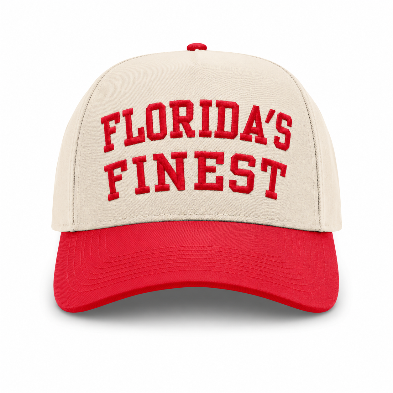 Cream and red baseball cap featuring bold red embroidered “Florida’s Finest” text on the front, contrasting red brim, and a structured crown for a classic vintage-inspired look.