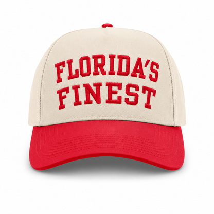 Cream and red baseball cap featuring bold red embroidered “Florida’s Finest” text on the front, contrasting red brim, and a structured crown for a classic vintage-inspired look.