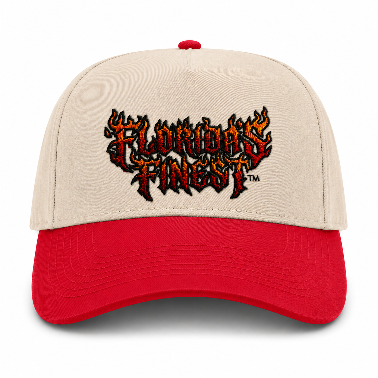 Front view of a cream and red two-tone snapback hat featuring bold embroidered "Florida's Finest™" lettering in a flame-inspired design across the front. The embroidery showcases a fiery red, orange, and black color scheme, creating a striking, edgy look. The structured cap features a cream crown, red curved brim, and matching red top button, delivering a bold statement style perfect for everyday wear and Florida-inspired streetwear.