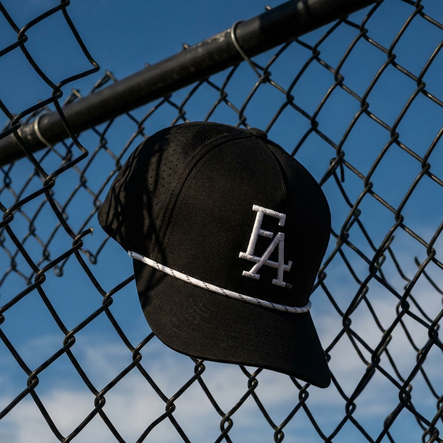 Black FLA® rope hat with white embroidered logo and contrast rope detail, displayed against a chain-link fence. Modern Florida-inspired snapback cap featuring a clean athletic design, perfect for streetwear, outdoor adventures, and everyday casual style.