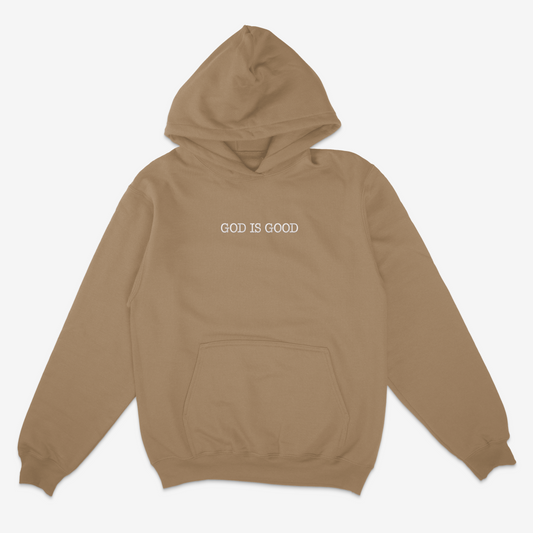 Sand hoodie with 'GOD IS GOOD' text on a white background