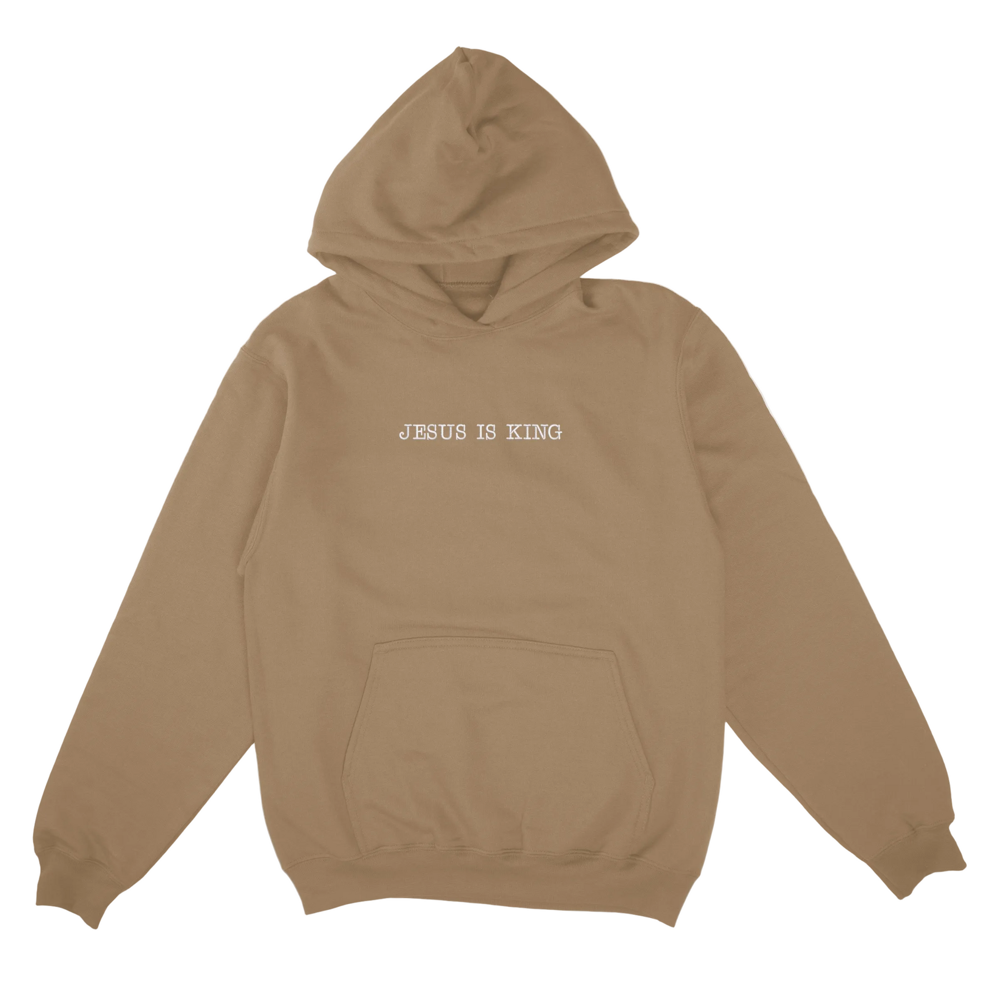 Sand hoodie with 'Jesus Is King' text on a white background