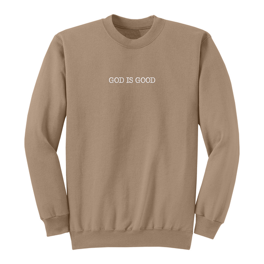 Sand sweatshirt with 'GOD IS GOOD' text on a white background