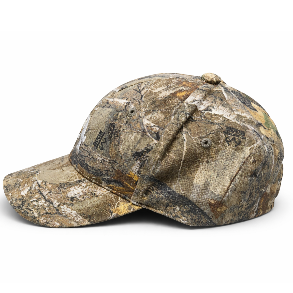 The side view of a camouflage baseball cap on a white background