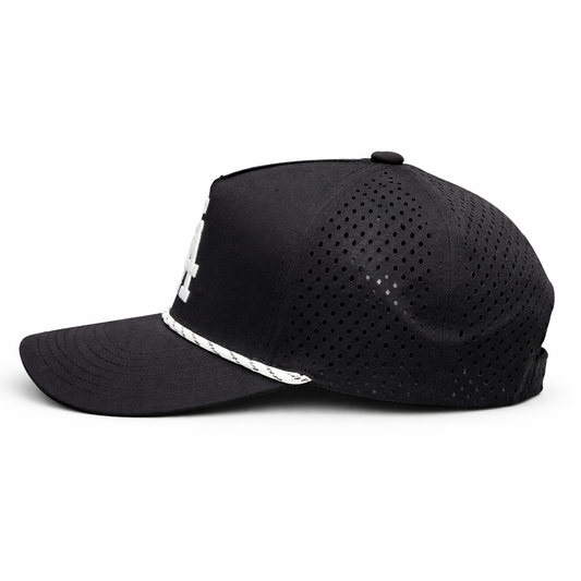 Black baseball cap with mesh back on a white background