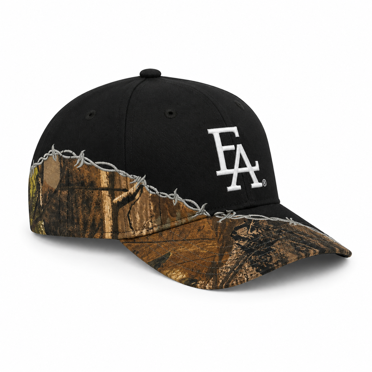 Side profile view of a black snapback hat featuring a white embroidered FLA®-style logo, Realtree-inspired camo brim and side panels, and silver barbed wire embroidery for a rugged outdoor streetwear aesthetic.