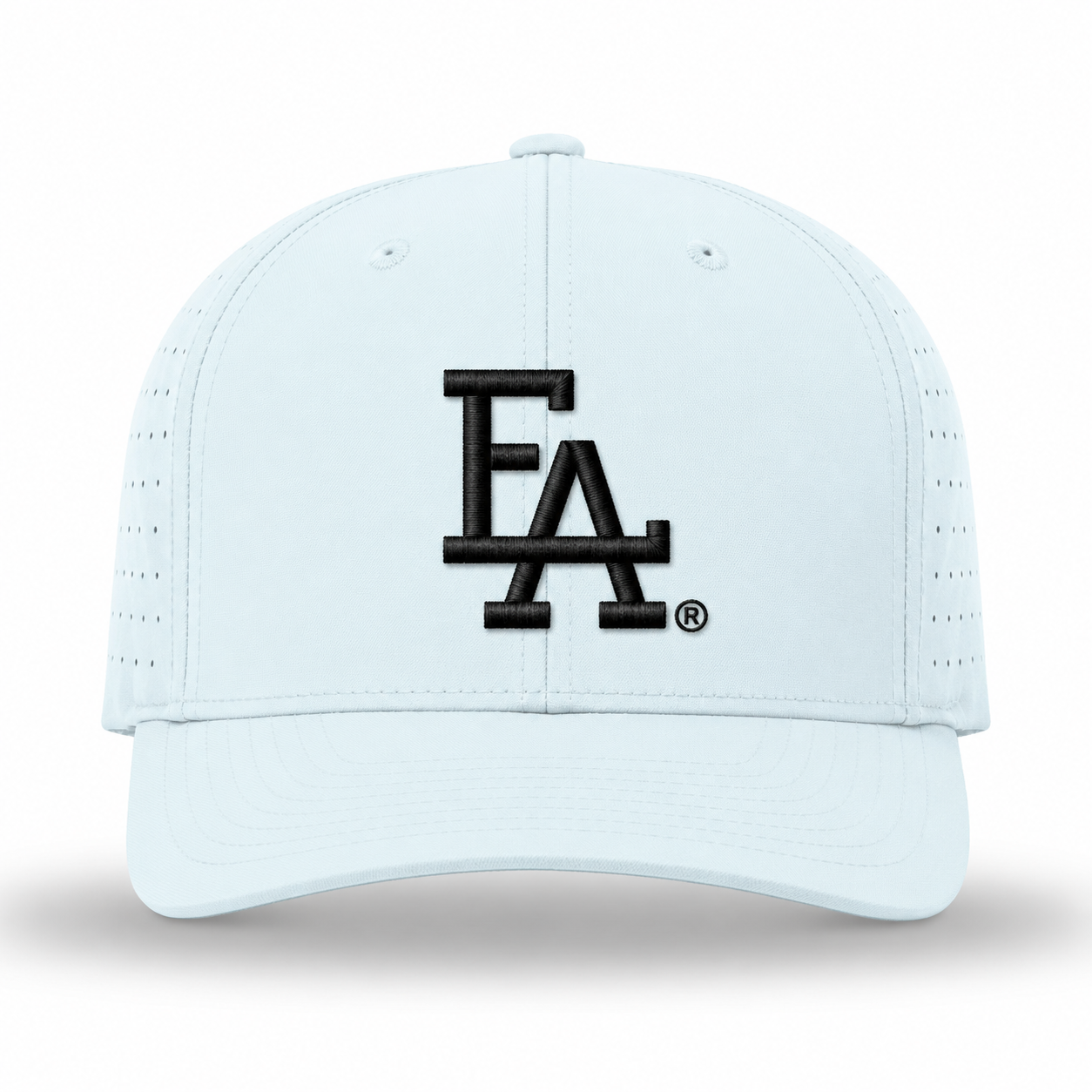 Light blue performance baseball cap featuring a white embroidered “FLA” logo on the front, perforated side panels for breathability, and a structured crown with a curved brim.