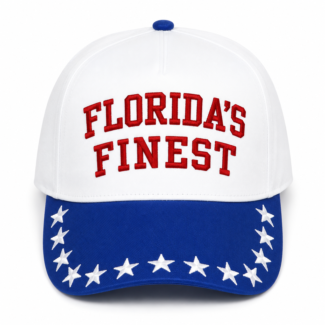 Florida’s Finest patriotic snapback hat featuring bold red embroidered lettering on a white structured crown, blue brim with embroidered white stars, and adjustable snapback closure for a classic Americana look.