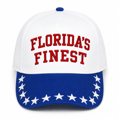 Florida’s Finest patriotic snapback hat featuring bold red embroidered lettering on a white structured crown, blue brim with embroidered white stars, and adjustable snapback closure for a classic Americana look.