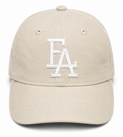 Stone corduroy baseball cap featuring a white embroidered “FLA” logo on the front, textured fabric, and a classic curved brim for a vintage-inspired streetwear look.