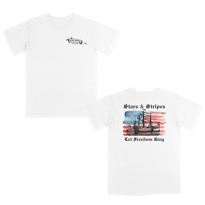 White patriotic graphic tee featuring a vintage sailing ship over an American flag with “Stars & Stripes” and “Let Freedom Ring” artwork celebrating 250 years of American freedom and heritage.