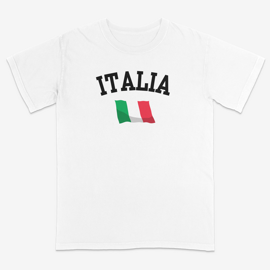White Italian heritage graphic tee featuring bold “ITALIA” varsity-style lettering with an Italian flag graphic, delivering a clean and timeless design for proud Italian pride and everyday casual wear.