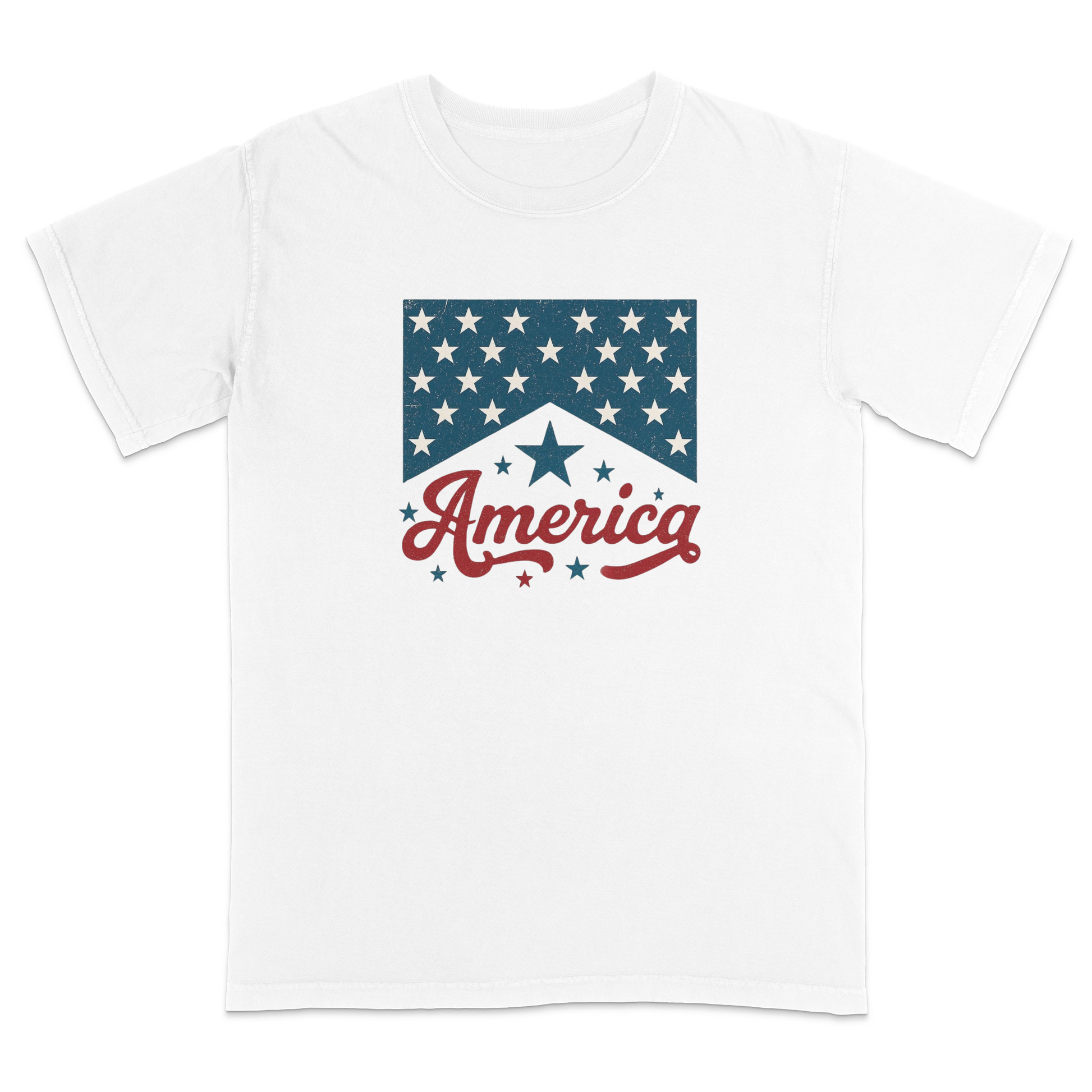 White patriotic graphic t-shirt featuring a vintage-inspired red “America” script with blue stars and retro Americana design for classic Fourth of July and USA-themed style.