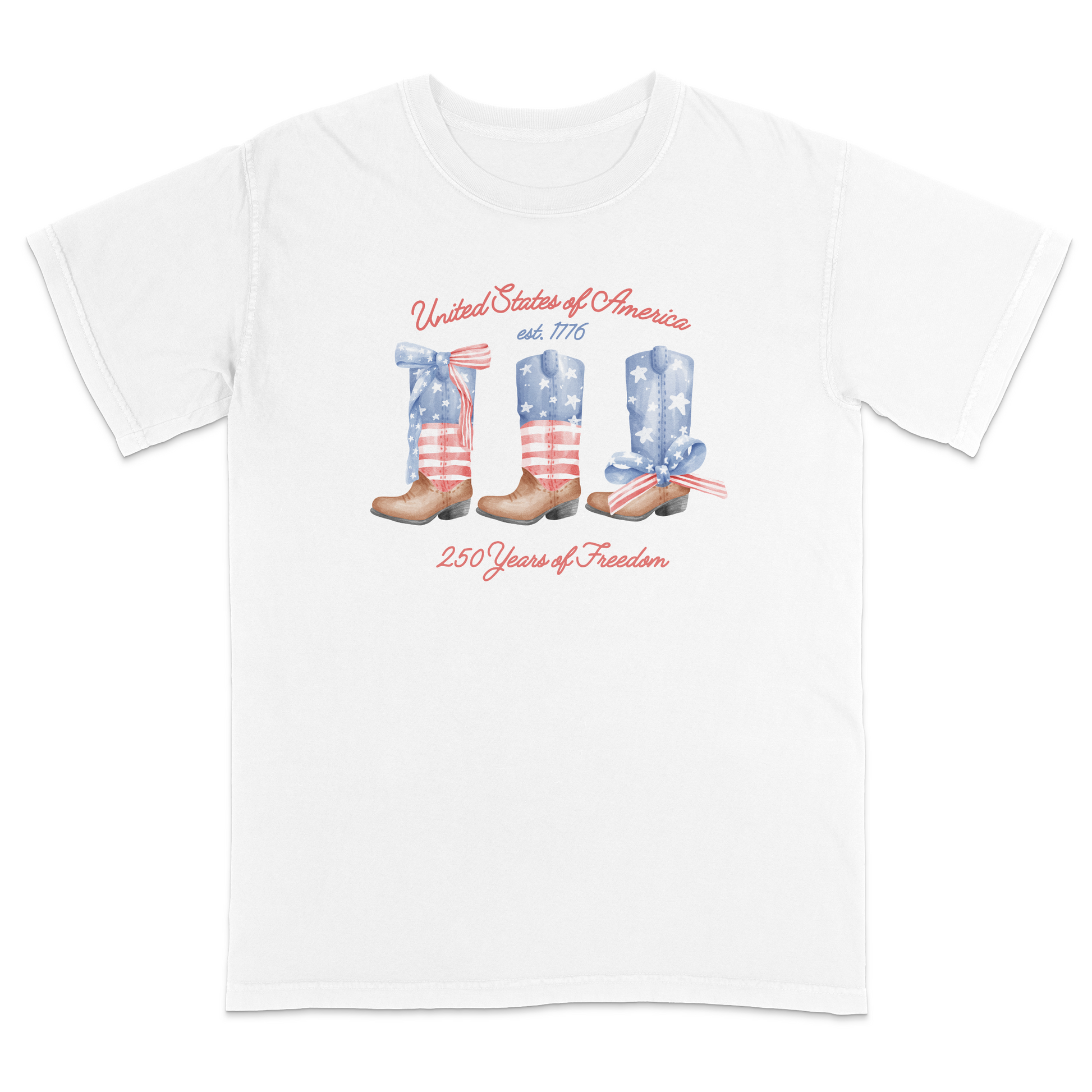 White patriotic graphic tee featuring vintage American flag cowboy boots with “United States of America,” “Est. 1776,” and “250 Years of Freedom” text for a western-inspired Americana look.
