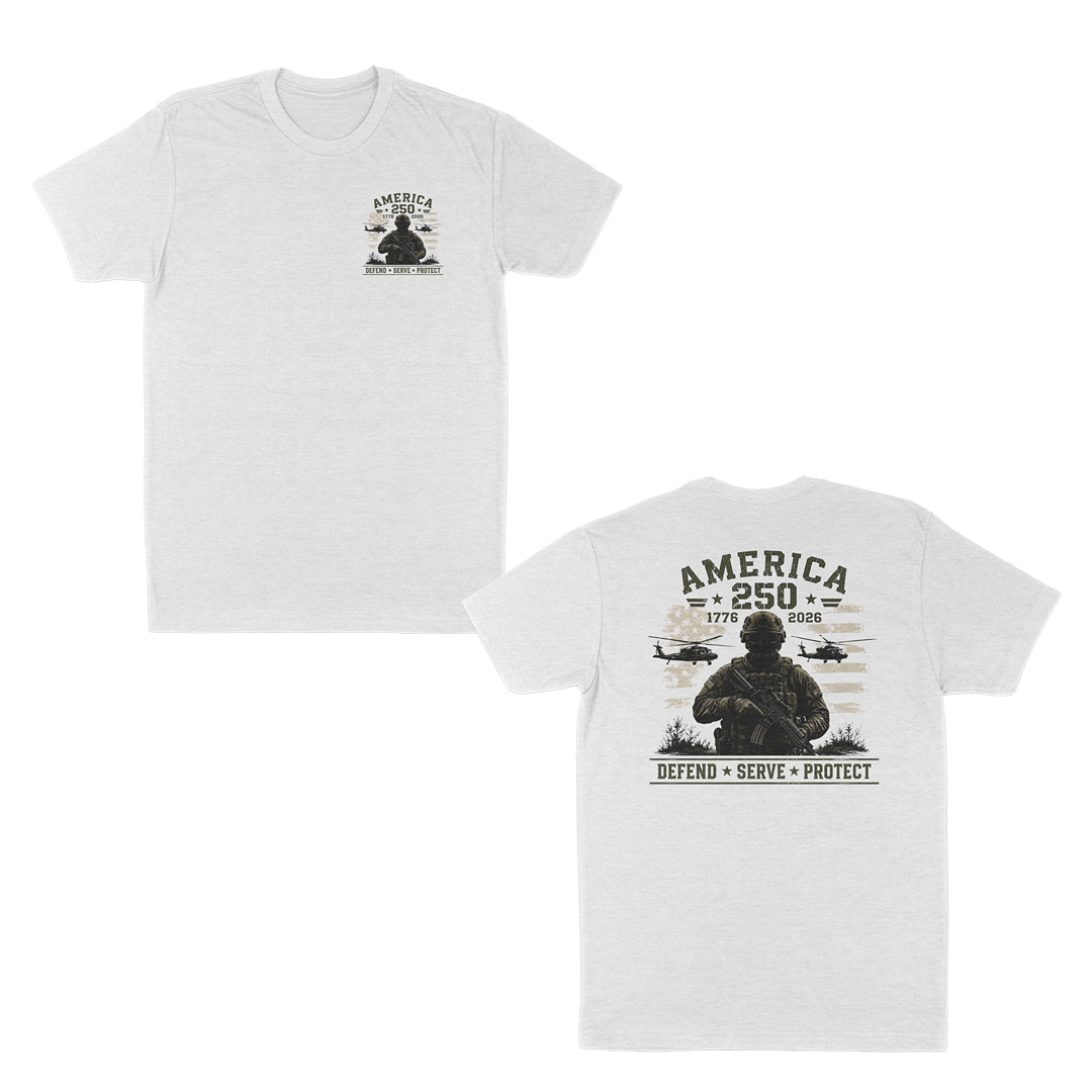 White patriotic military t-shirt featuring a small front chest graphic and large back print with armed soldier, helicopters, distressed American flag, “America 250” artwork, and “Defend • Serve • Protect” text.