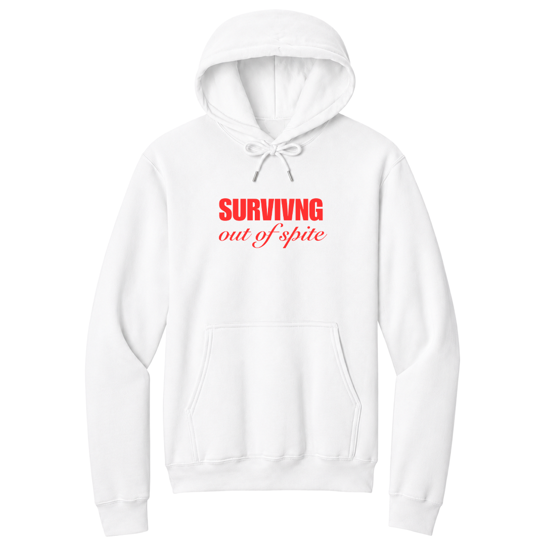 Front view of a white pullover hoodie featuring the phrase "SURVIVING" in bold red block letters above the words "out of spite" in elegant red script centered on the chest. The minimalist motivational graphic contrasts sharply against the black fabric, creating a clean, modern hoodie with a witty and resilient statement design.