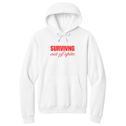 Front view of a white pullover hoodie featuring the phrase "SURVIVING" in bold red block letters above the words "out of spite" in elegant red script centered on the chest. The minimalist motivational graphic contrasts sharply against the black fabric, creating a clean, modern hoodie with a witty and resilient statement design.