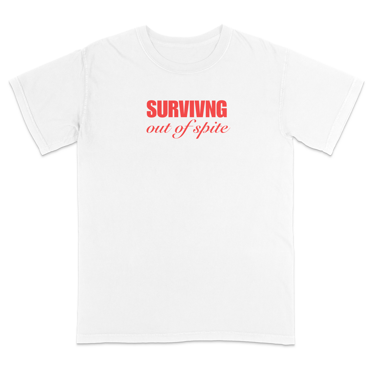 Front view of a white short sleeve t-shirt featuring the phrase "SURVIVING" in bold red block letters above the words "out of spite" in elegant red script centered on the chest. The minimalist red-on-black design creates a striking, resilient statement tee with a clean, modern aesthetic.