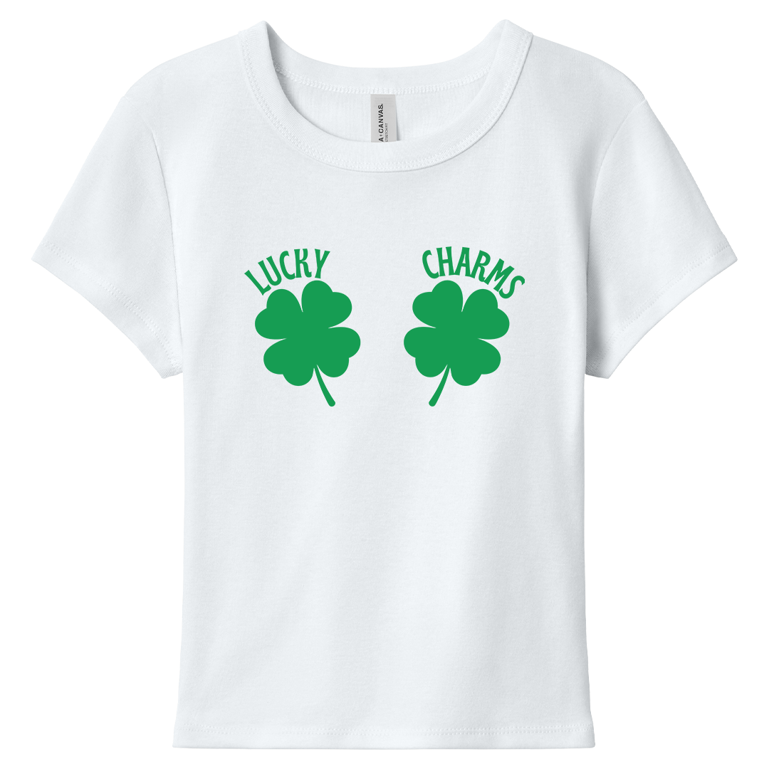 White t-shirt with green shamrock design and 'Lucky Charms' text on a white background