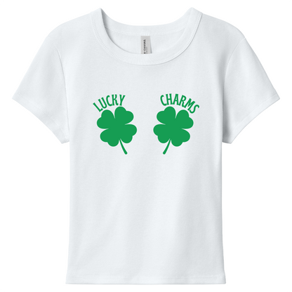 White t-shirt with green shamrock design and 'Lucky Charms' text on a white background