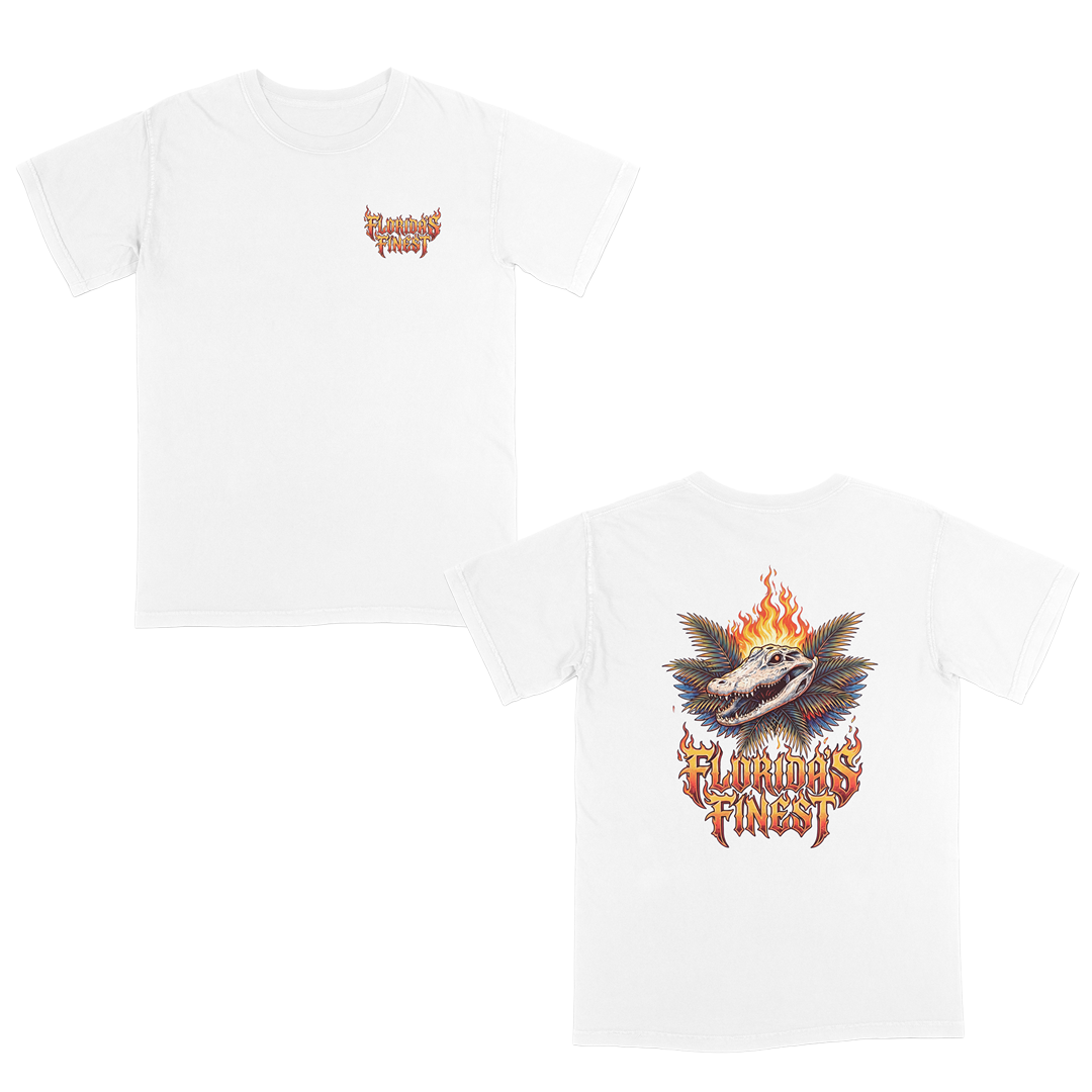 White graphic t-shirt shown from front and back with fiery “Florida’s Finest” lettering and a flaming alligator graphic with palm leaves.