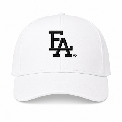 White baseball cap featuring a bold black embroidered “FLA” logo on the front, clean structured crown, and classic curved brim for a minimalist streetwear look.