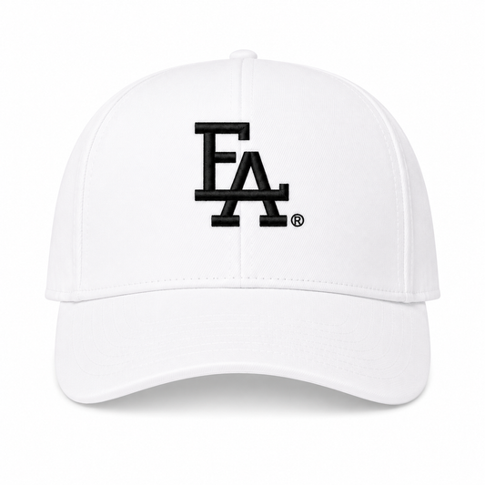 White baseball cap featuring a bold black embroidered “FLA” logo on the front, clean structured crown, and classic curved brim for a minimalist streetwear look.