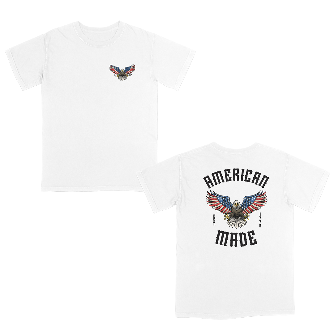 White t-shirt with eagle design and 'American Made' text on a white background