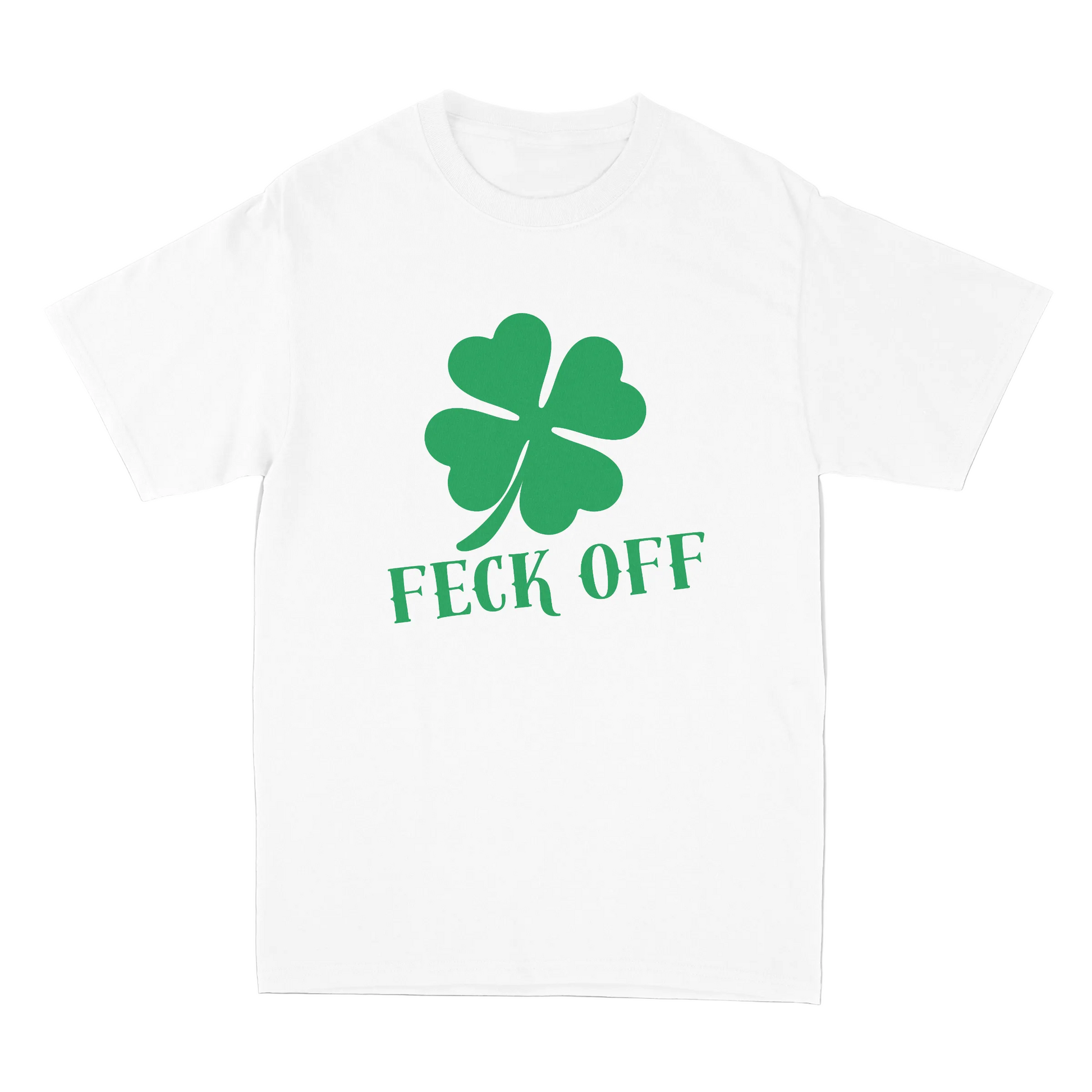 White t-shirt with green four-leaf clover and 'Feck Off' text on a gray background
