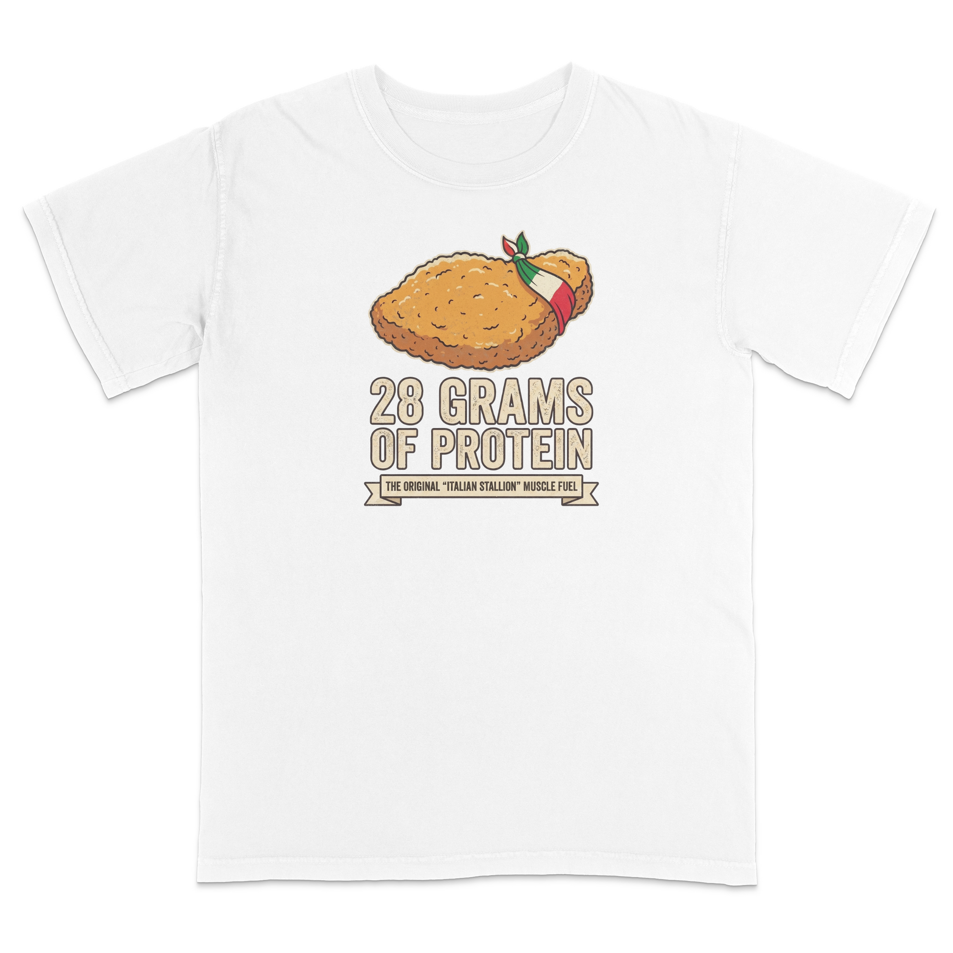 White Italian heritage humor t-shirt featuring a breaded chicken cutlet graphic with an Italian flag bandana and the phrase “28 Grams of Protein – The Original Italian Stallion Muscle Fuel.” Funny Italian-American food-themed apparel celebrating classic Italian cuisine, family traditions, gym culture, and Italian pride. Perfect for food lovers, fitness enthusiasts, family gatherings, festivals, and everyday casual wear.