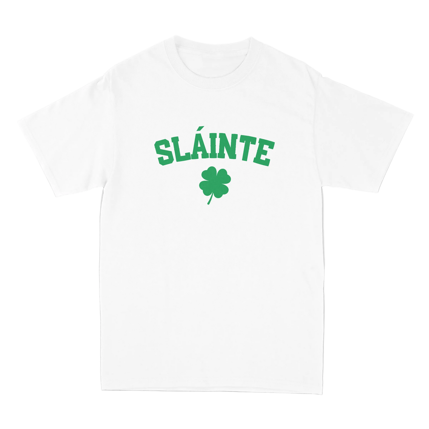 White t-shirt with 'Sláinte' and a four-leaf clover on a white background