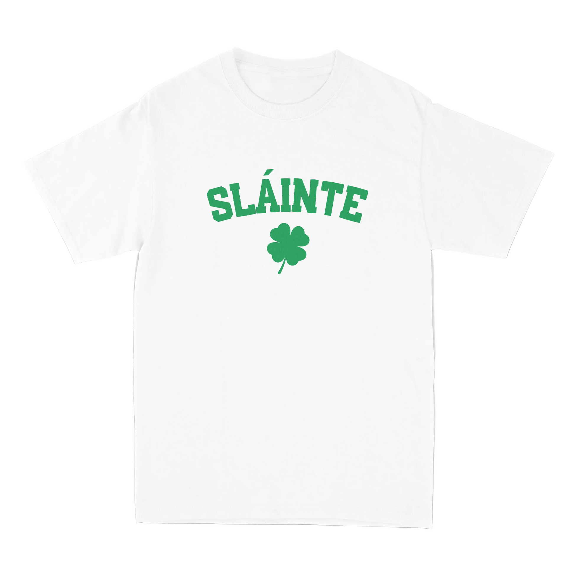 White t-shirt with 'Sláinte' and a four-leaf clover on a white background