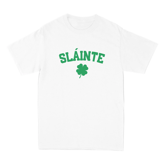 White t-shirt with 'Sláinte' and a four-leaf clover on a white background