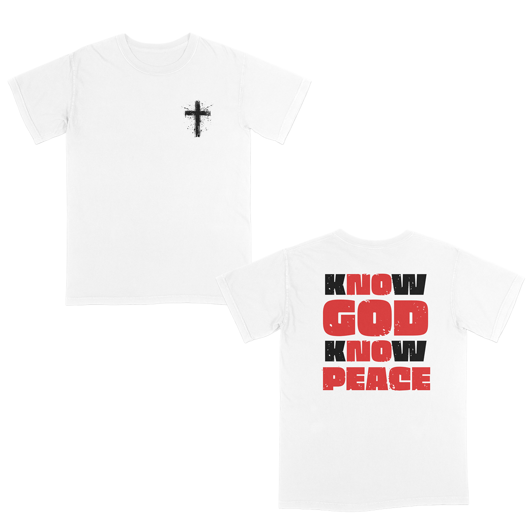 White faith-based graphic tee featuring a distressed white cross on the front and bold “Know God Know Peace” typography on the back in red and white for a powerful Christian streetwear-inspired design.