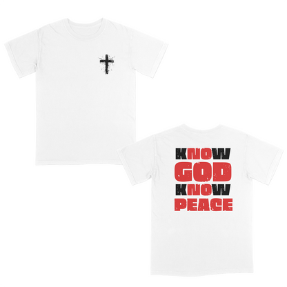 White faith-based graphic tee featuring a distressed white cross on the front and bold “Know God Know Peace” typography on the back in red and white for a powerful Christian streetwear-inspired design.
