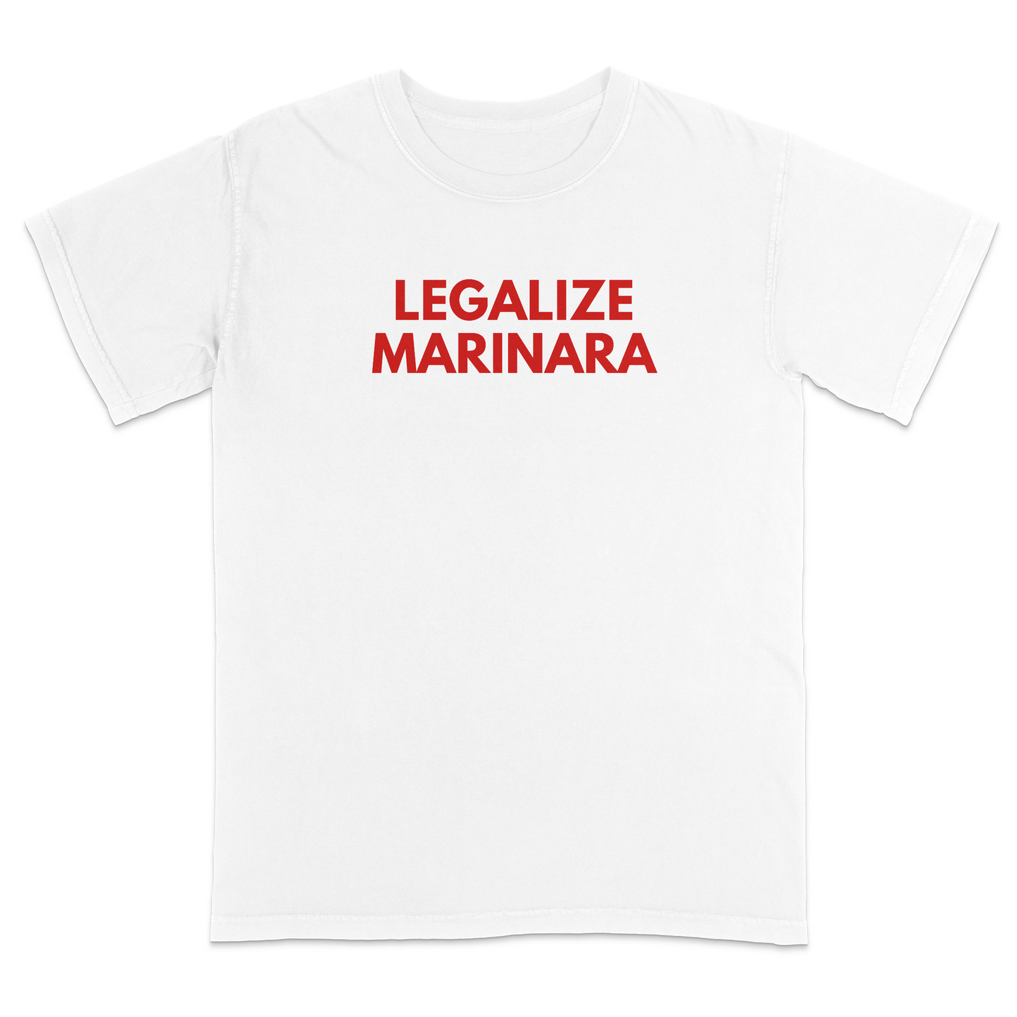 Funny Italian food graphic white t-shirt featuring the phrase “Legalize Marinara” in bold red lettering, perfect for pasta lovers, Italian heritage celebrations, family dinners, food festivals, and casual everyday wear.